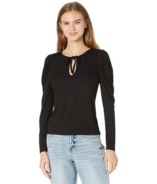 Ribbed Puff Long Sleeve Front Tie Top