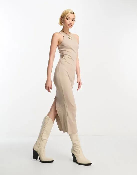 ribbed racer neck body-conscious midi dress in sand