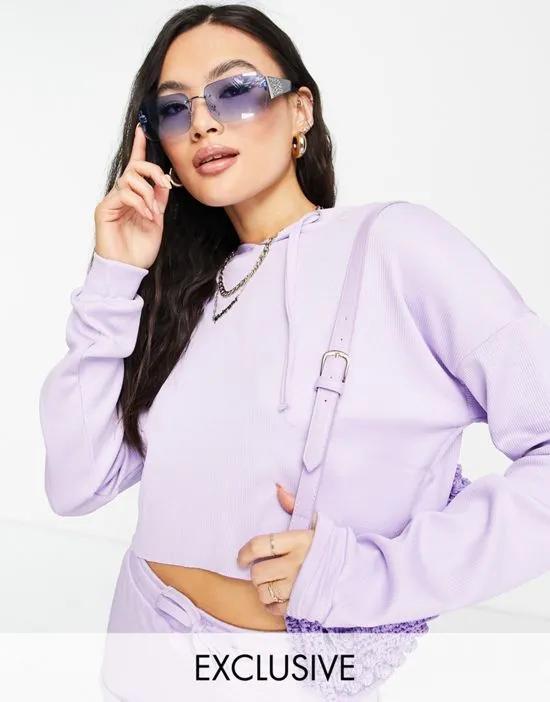 ribbed raw edge set hoodie in pastel lilac