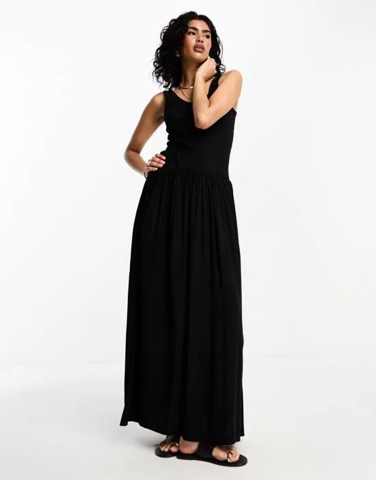 ribbed scoop neck midi dress with dropped waist in black