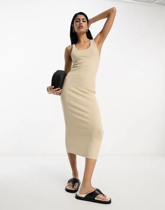 ribbed scoop neck tank top midi dress in stone