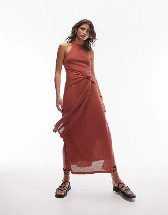ribbed sleeveless jersey tie waist midi dress in rust