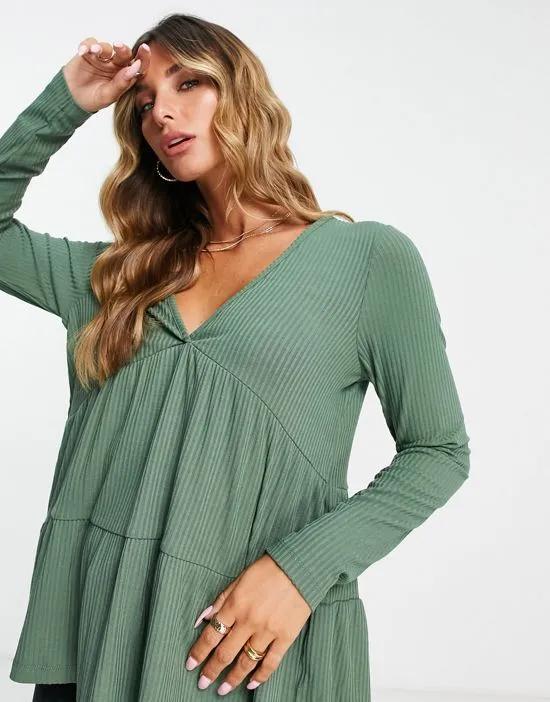 ribbed smock top with long sleeve in green