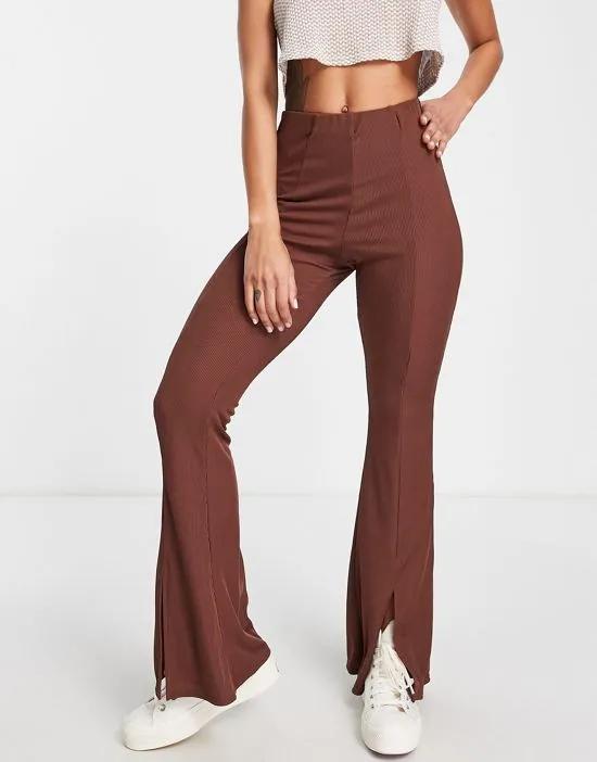 ribbed split front flare pants in brown