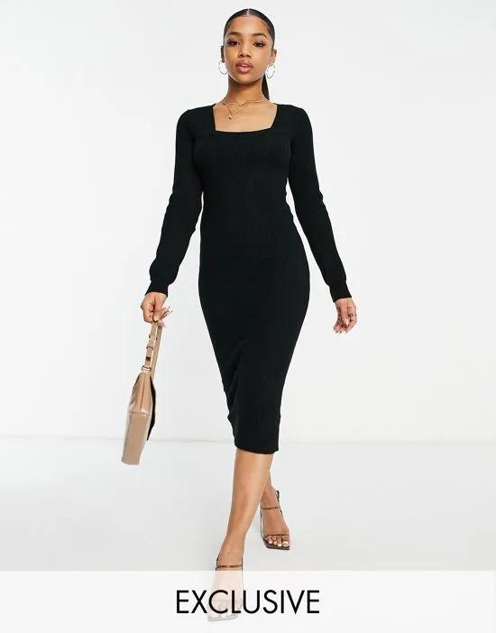 ribbed square neck knitted dress in black