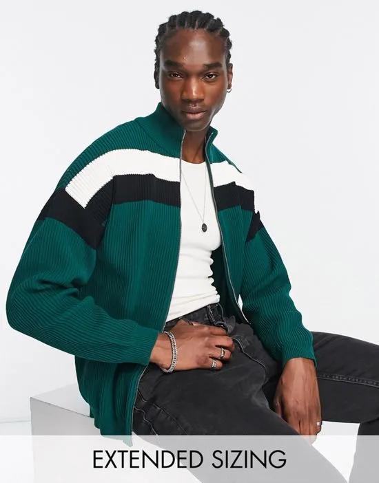 ribbed track jacket with stripe in forest green