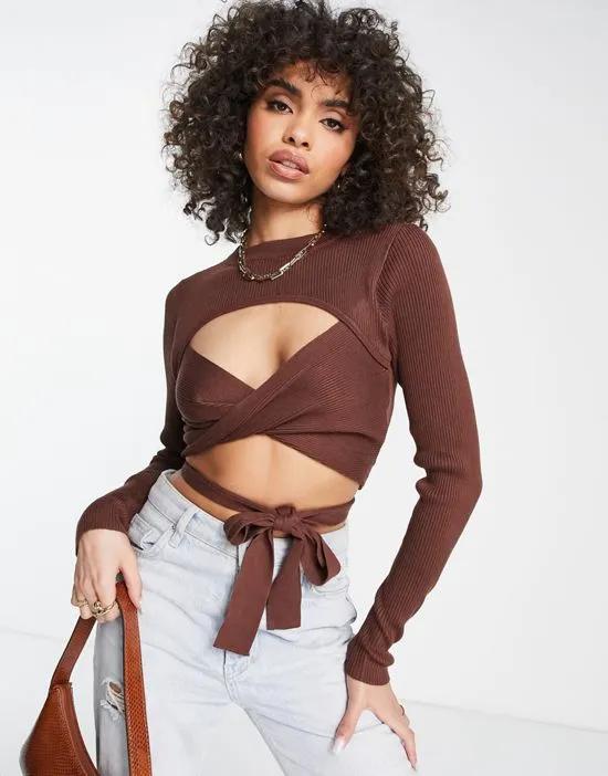 ribbed twist front crop top in chocolate - part of a set