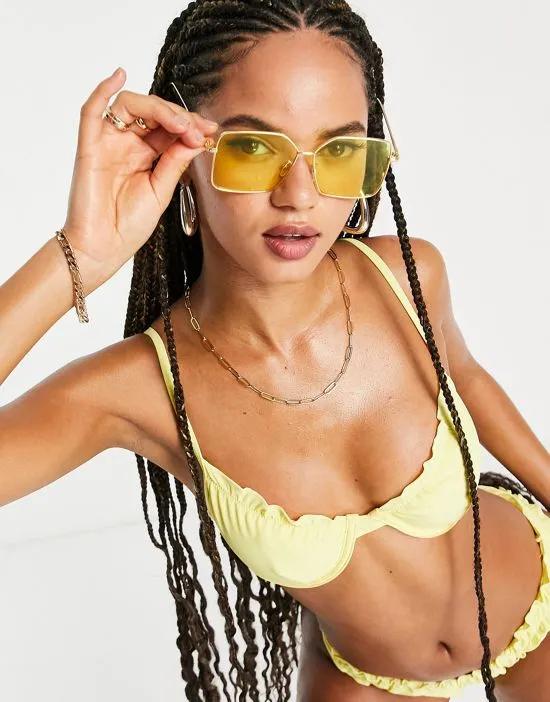 ribbed underwired bikini top with lettuce edge in yellow