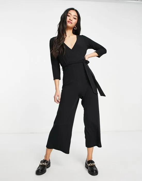 ribbed wrap jumpsuit in black