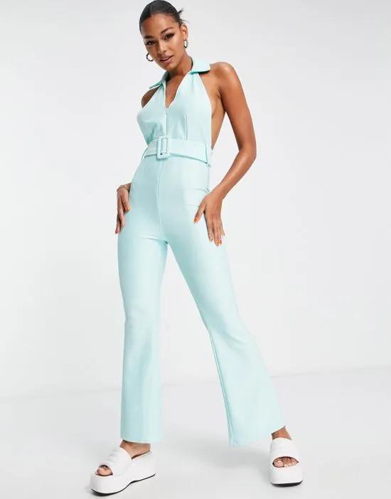 ribbed zip front collared jumpsuit with belt in baby blue
