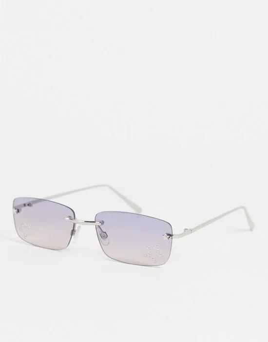 rimless square sunglasses with gray smoked lens