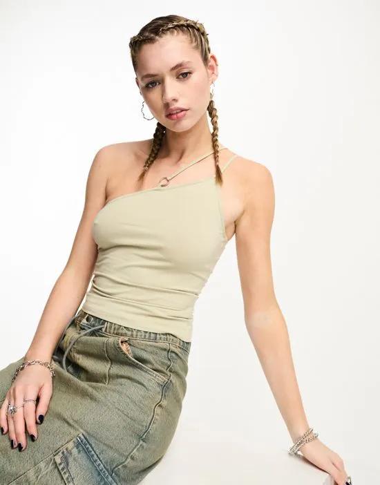 Ring asymmetric cami tank top with ring detail in beige green