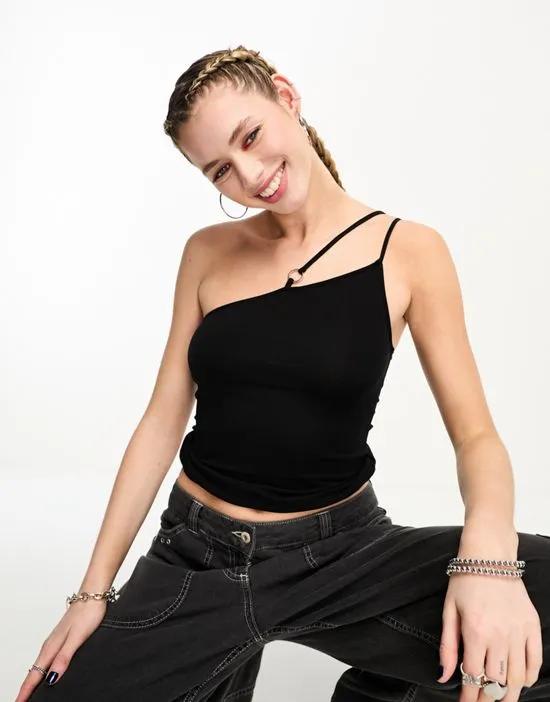 Ring asymmetric cami tank top with ring detail in black