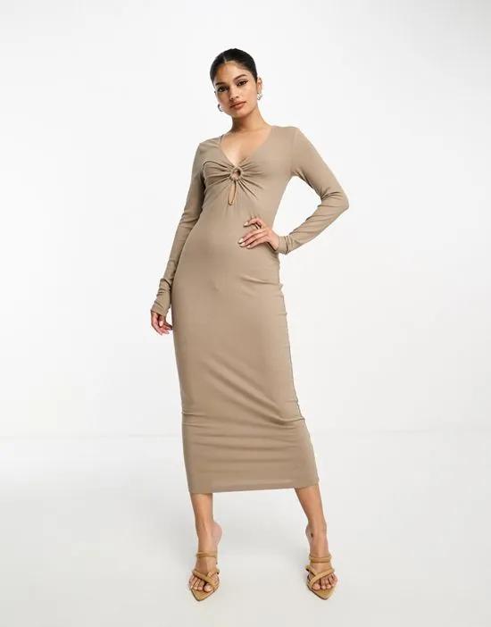 ring detail cut out midi dress in beige