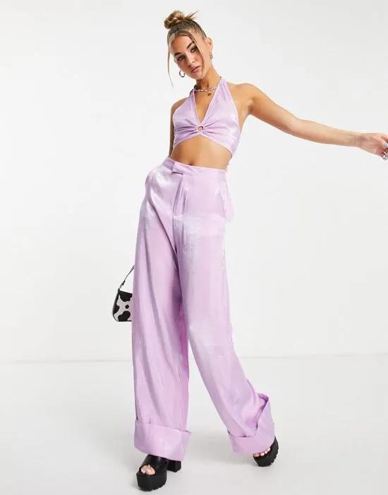 ring detail halter neck crop top in shimmer lilac - part of a set