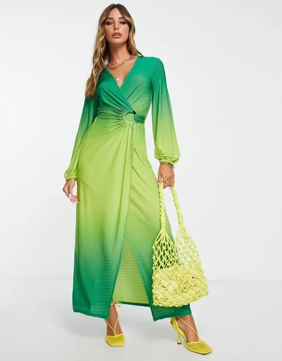 ring detail ombre wrap midi dress in green