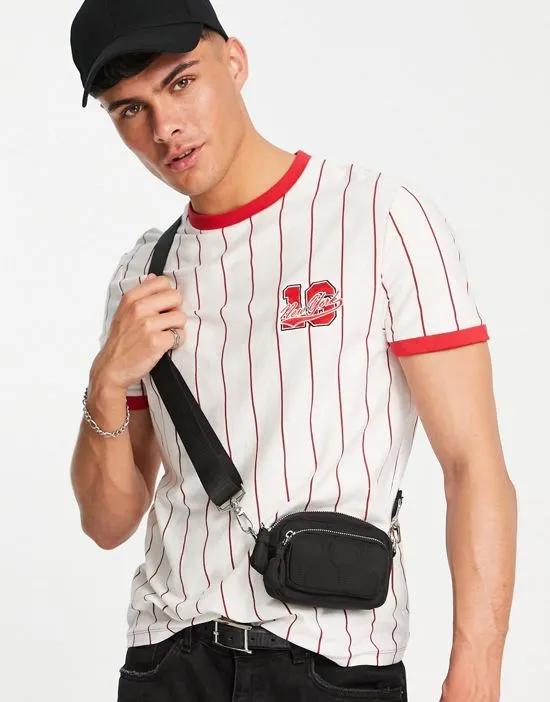ringer T-shirt in red bowling stripe with badge detail