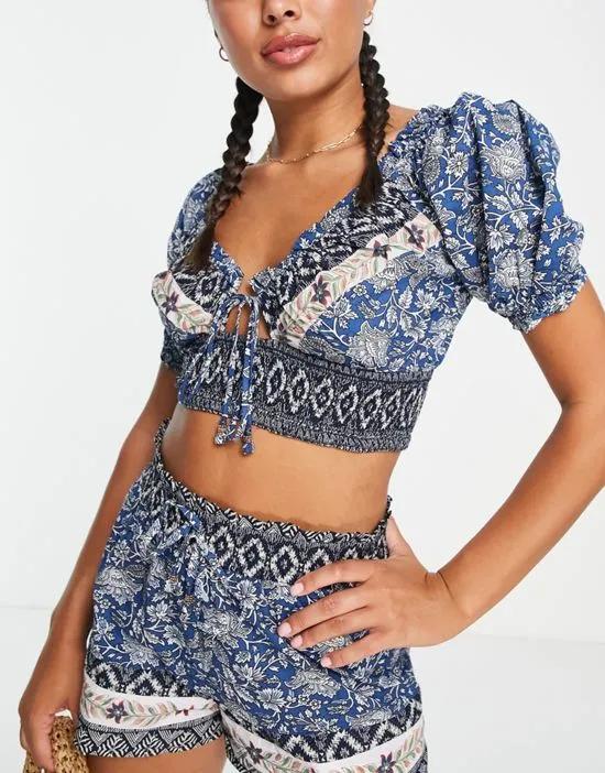 River Island cut out puff sleeve printed bardot beach top in blue - part of a set
