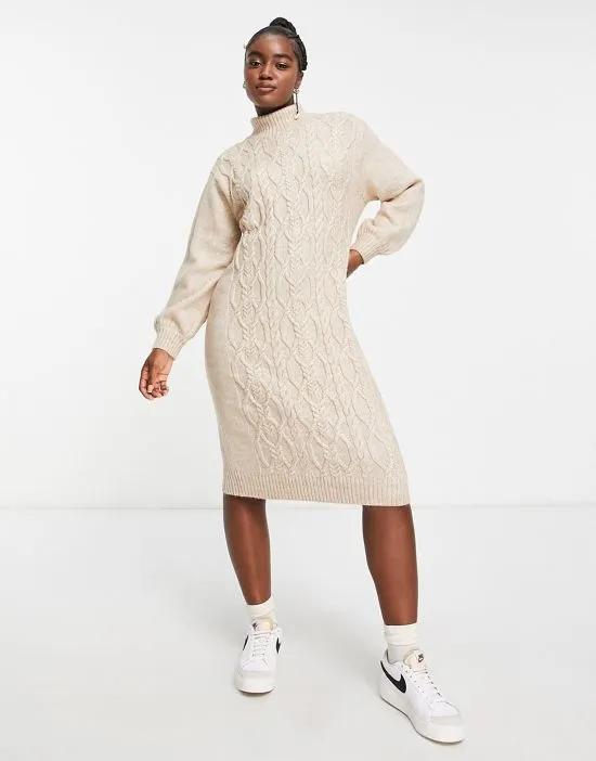 roll neck cable knitted mini dress in beige