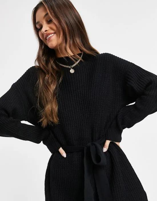 roll neck dress with belted waist in black