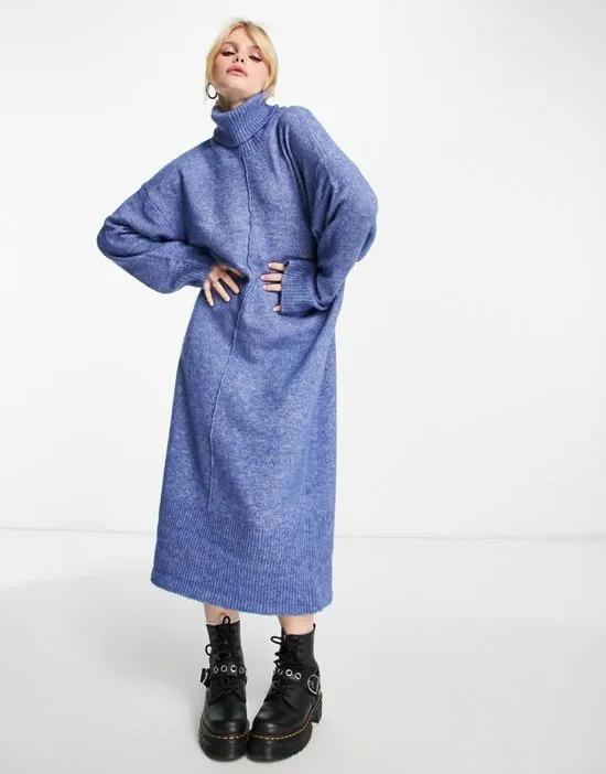 roll neck knitted midi dress in blue