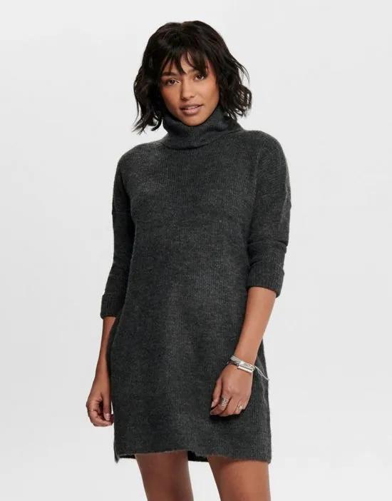 roll neck knitted mini sweater dress in dark gray
