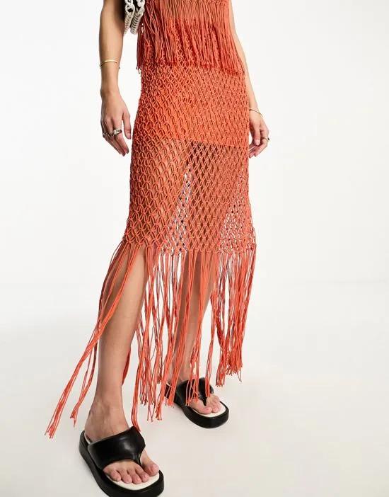 rope crochet midi skirt with fringing in orange - part of a set