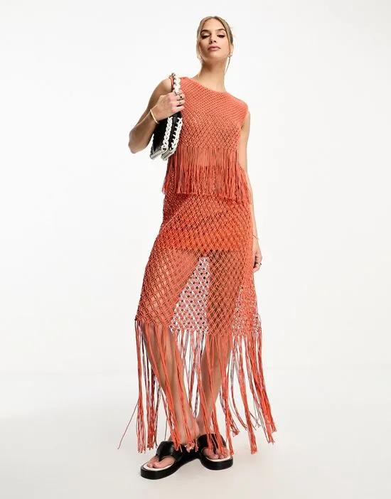 rope crochet tank top with fringing in orange - part of a set