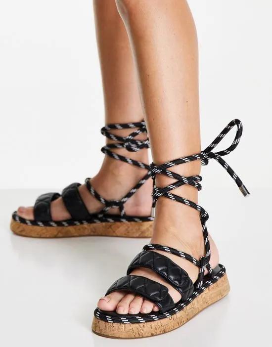 rope tie up quilted flat sandals in black