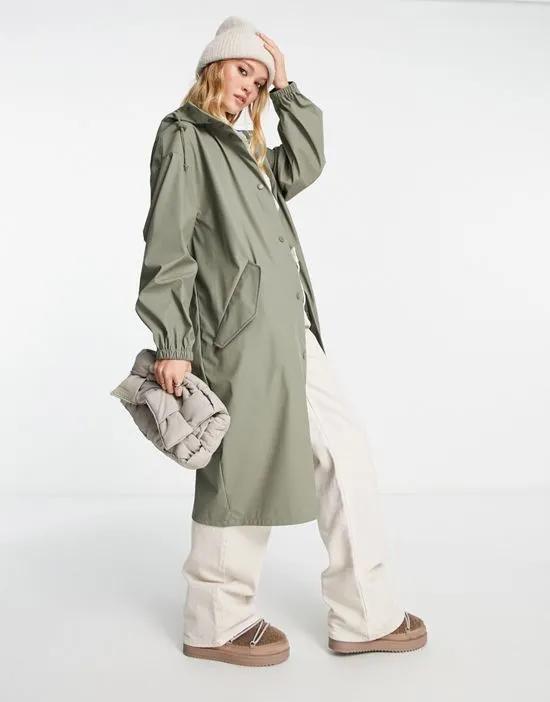 rubberized rain parka coat in pale khaki