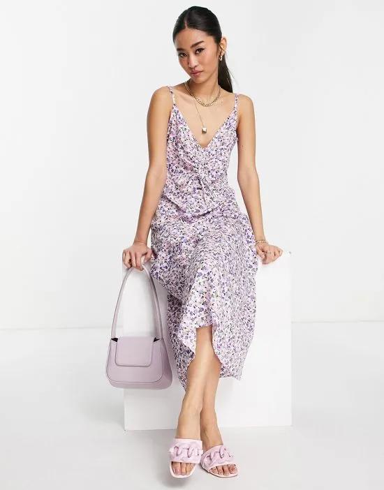 ruch bust cami midi slip dress in grunge lilac floral