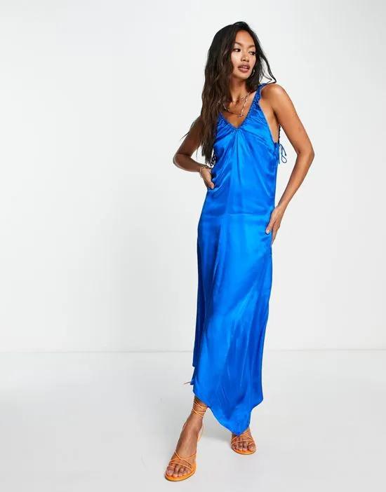 ruch front keyhole satin midi dress in cobalt blue
