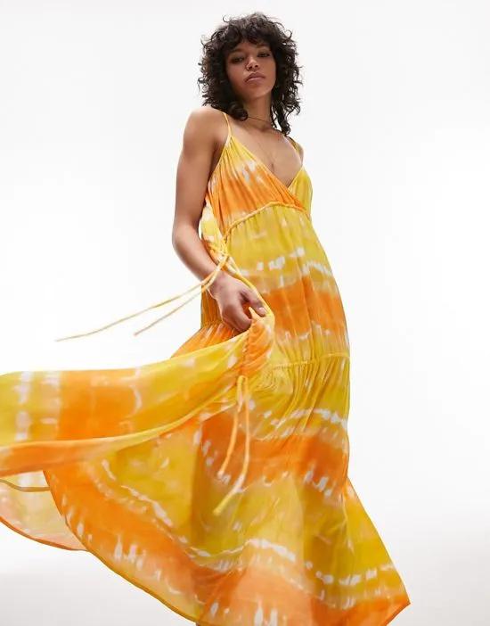 ruche tie side maxi beach dress in orange and yellow