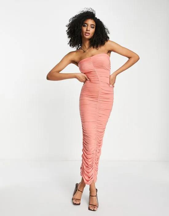 ruched bandeau bandage maxi dress in pink