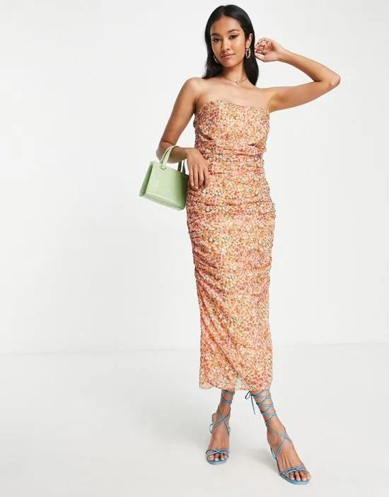 ruched bandeau midaxi dress in ditsy brown floral