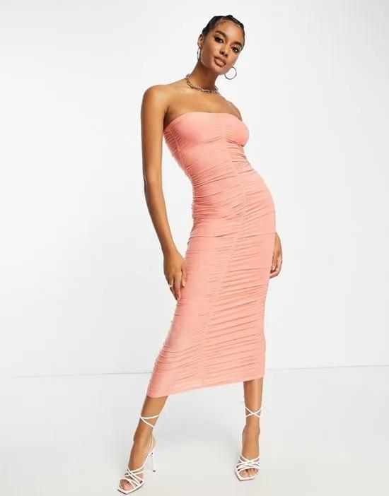 ruched bandeau midi dress in pink