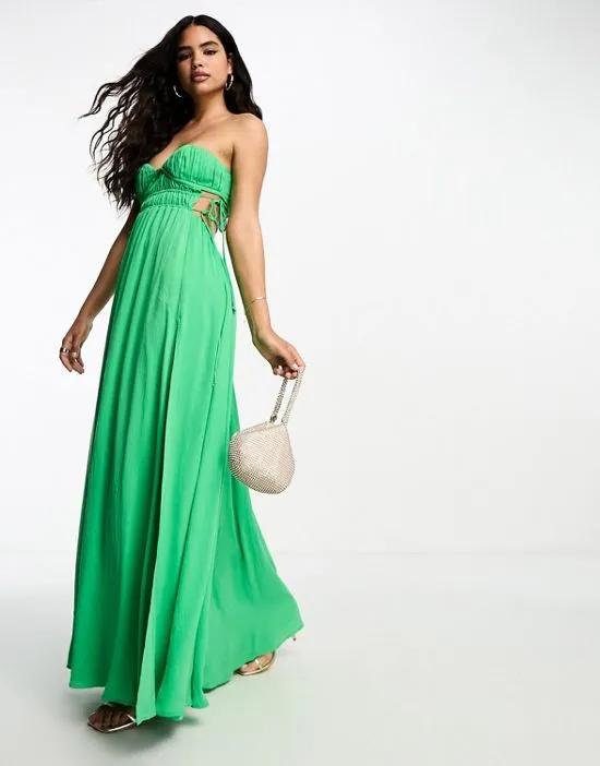 ruched bandeau washed satin maxi dress with tie detail in green