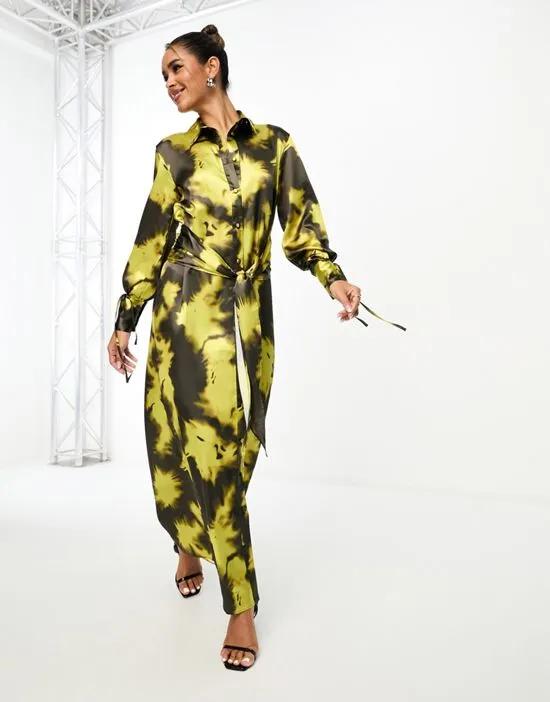 ruched belt tie up cuff maxi shirt dress in brown and lime tie dye print