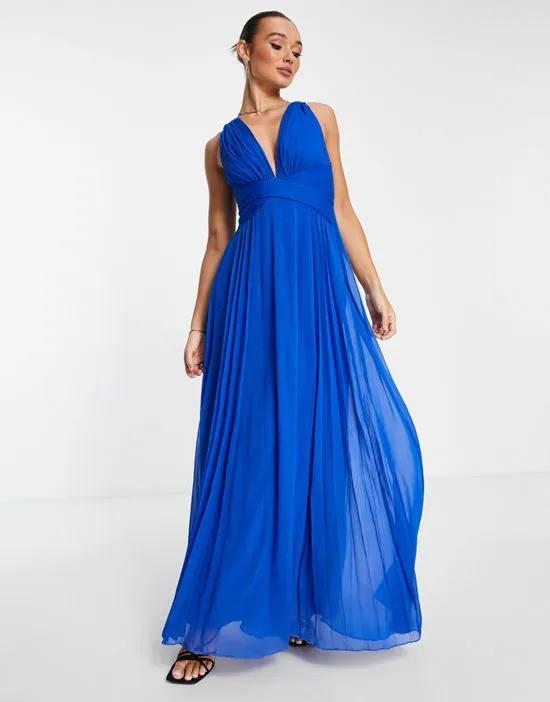 ruched bodice drape maxi dress with wrap waist in blue