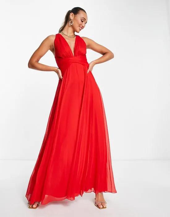 ruched bodice drape maxi dress with wrap waist in red