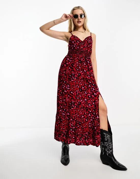ruched bodice strappy maxi dress in red animal