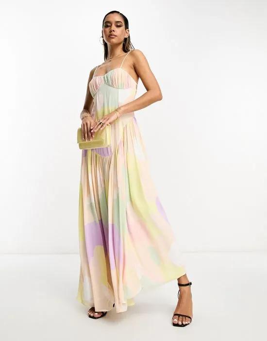 ruched bust backless cami maxi dress with dropped hem in abstract print