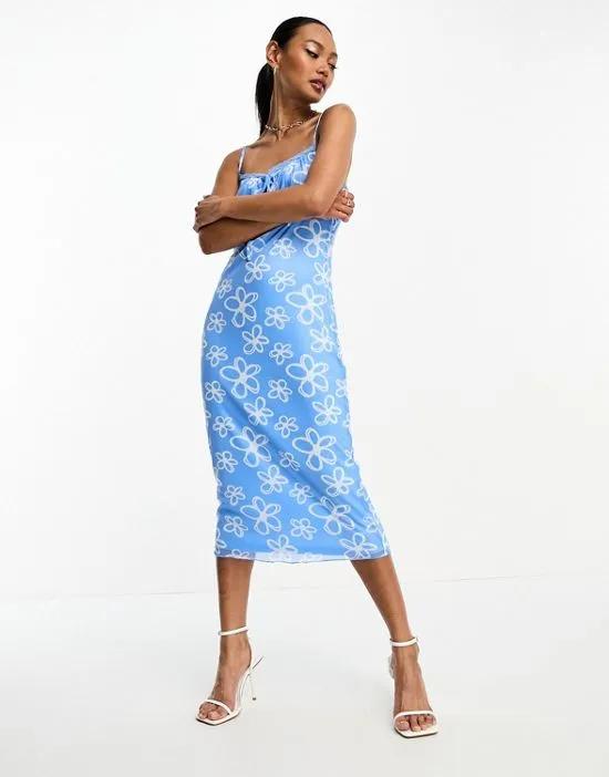 ruched bust cami midi dress in blue scribble