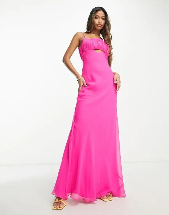 ruched bust cut out bias maxi dress in hot pink