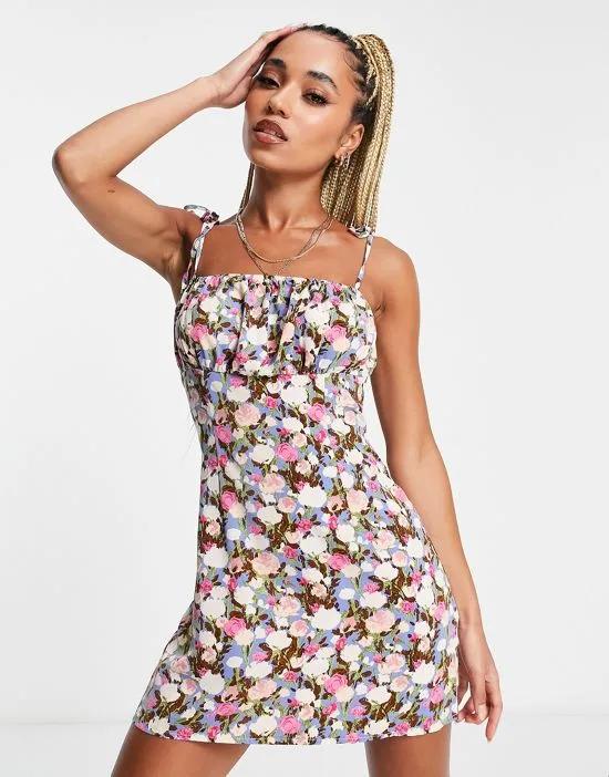 ruched bust dress with tie shoulder in multi floral