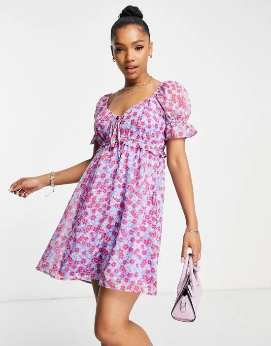 ruched bust mini tea dress in purple floral