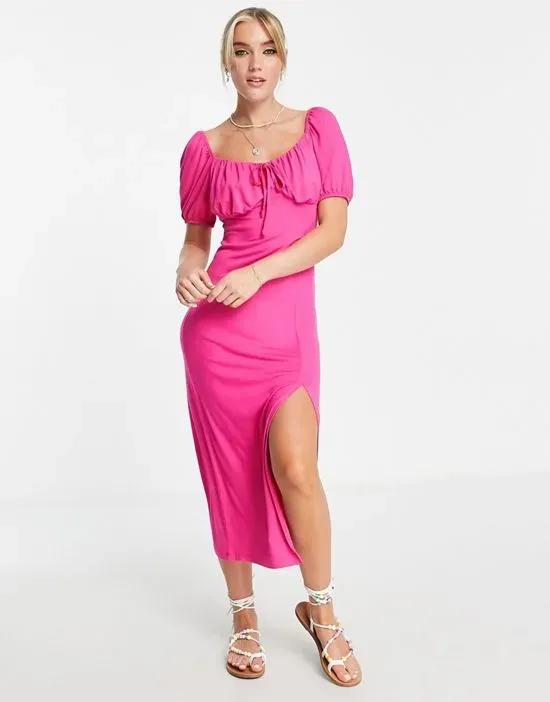 ruched bust puff sleeve midi dress with side slit in bright pink