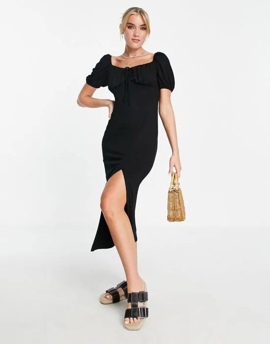 ruched bust puff sleeve midi dress with side split in black