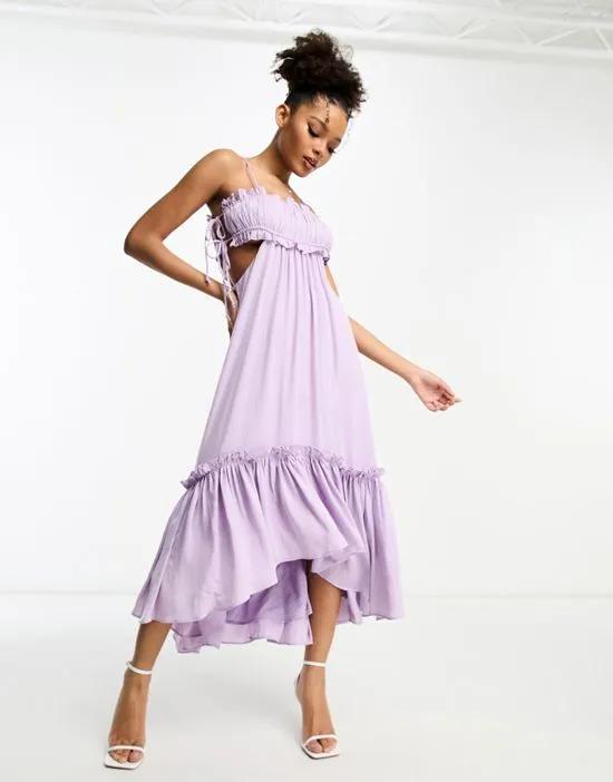 ruched bust satin midi dress with tie detail and cut out in lilac