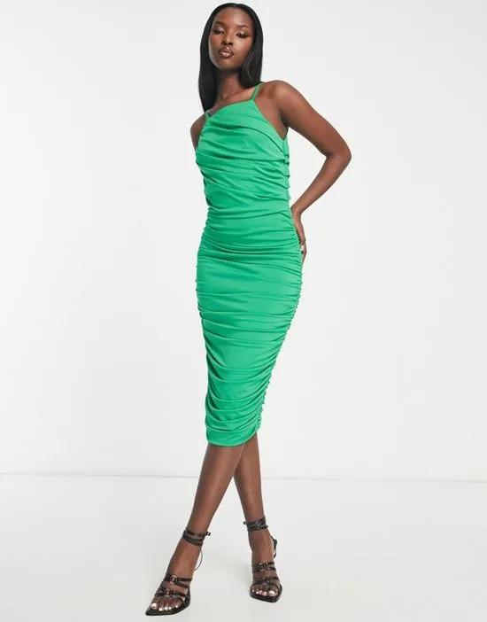 ruched cami square neck midi dress in green